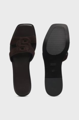 Sandales en cuir su&eacute;d&eacute; avec monogramme Double B brod&eacute;, Marron fonc&eacute;