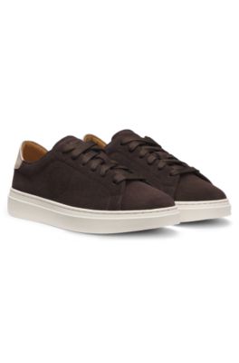 Suede lace-up trainers with Double B monogram, Dark Brown