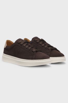 Suede lace-up trainers with Double B monogram, Dark Brown