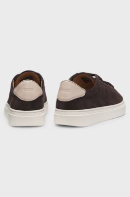 Suede lace-up trainers with Double B monogram, Dark Brown