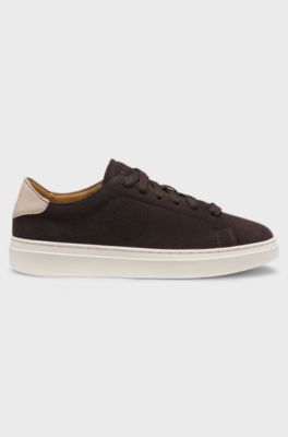 Suede lace-up trainers with Double B monogram, Dark Brown