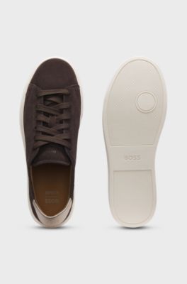Suede lace-up trainers with Double B monogram, Dark Brown