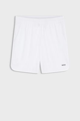Active Stretch-fabric shorts with mesh pocket bags, White