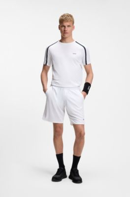 Active Stretch-fabric shorts with mesh pocket bags, White