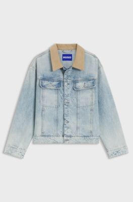 Relaxed-fit cotton jacket with corduroy collar, Light Blue
