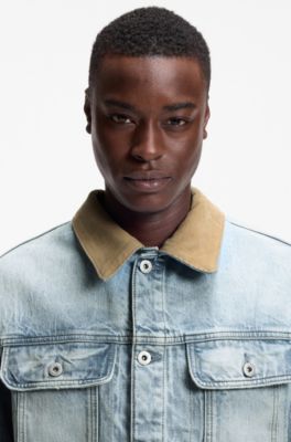 Relaxed-fit cotton jacket with corduroy collar, Light Blue