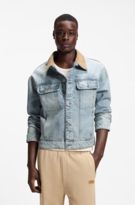 Relaxed-fit cotton jacket with corduroy collar, Light Blue