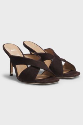 Suede sandals with crossover straps, Dark Brown