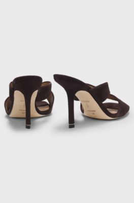 Suede sandals with crossover straps, Dark Brown