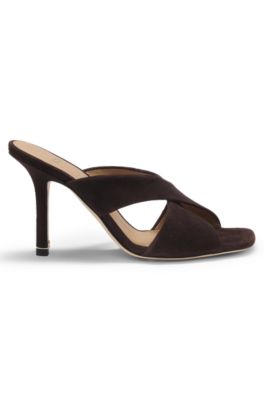 Suede sandals with crossover straps, Dark Brown