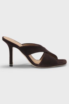 Suede sandals with crossover straps, Dark Brown