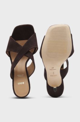 Suede sandals with crossover straps, Dark Brown