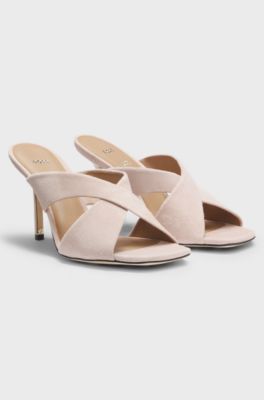 Suede sandals with crossover straps, light pink