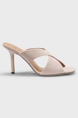 Suede sandals with crossover straps, light pink