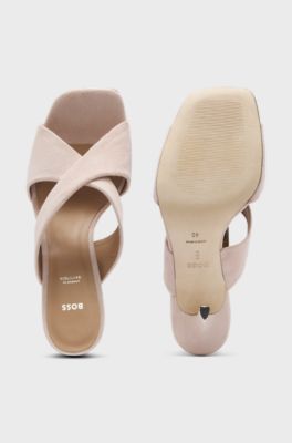 Suede sandals with crossover straps, light pink