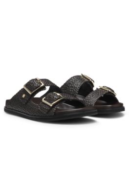 Woven sandals with twin straps and buckles, Dark Brown