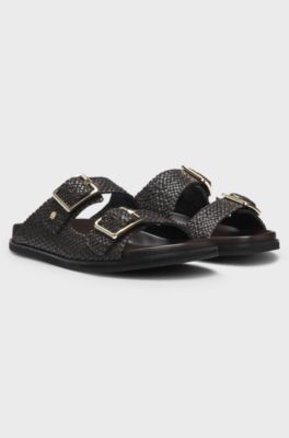 Woven sandals with twin straps and buckles, Dark Brown