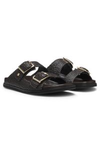 Woven sandals with twin straps and buckles, Dark Brown