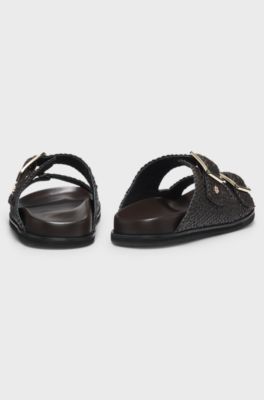Woven sandals with twin straps and buckles, Dark Brown