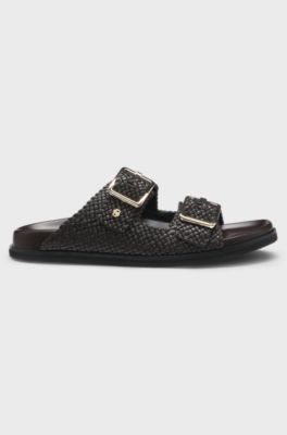 Woven sandals with twin straps and buckles, Dark Brown