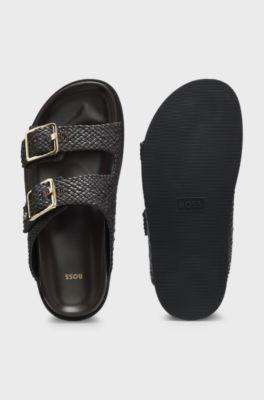 Woven sandals with twin straps and buckles, Dark Brown