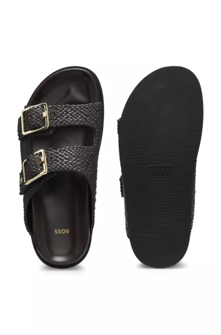 Woven sandals with twin straps and buckles