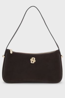 Suede shoulder bag with metallic Double B monogram, Dark Brown