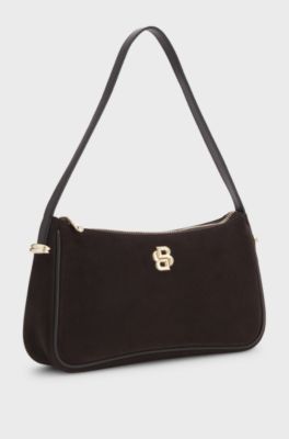 Suede shoulder bag with metallic Double B monogram, Dark Brown
