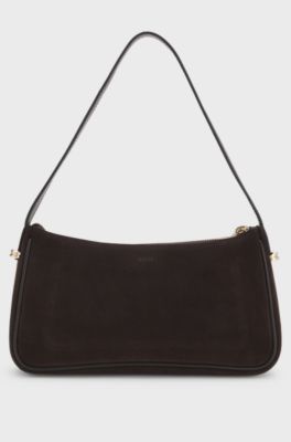 Suede shoulder bag with metallic Double B monogram, Dark Brown