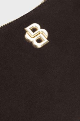 Suede shoulder bag with metallic Double B monogram, Dark Brown