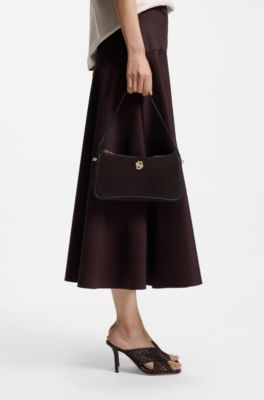 Suede shoulder bag with metallic Double B monogram, Dark Brown
