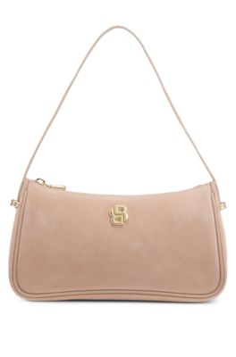 Suede shoulder bag with metallic Double B monogram, Light Red