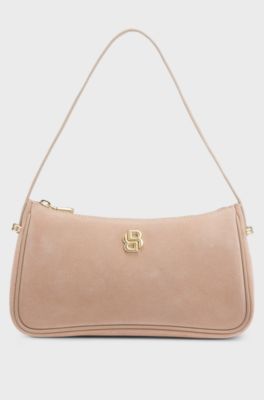 Borsa a spalla in pelle scamosciata con monogramma Double B metallizzato, Rosso scuro