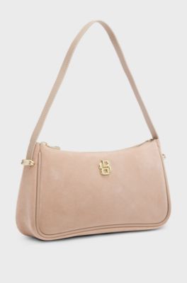 Borsa a spalla in pelle scamosciata con monogramma Double B metallizzato, Rosso scuro