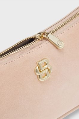 Suede shoulder bag with metallic Double B monogram, Light Red