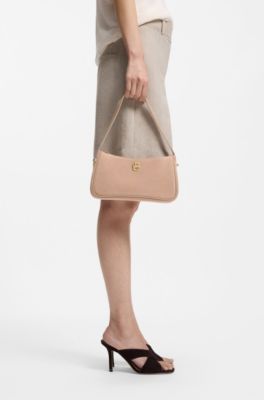 Suede shoulder bag with metallic Double B monogram, Dark Red