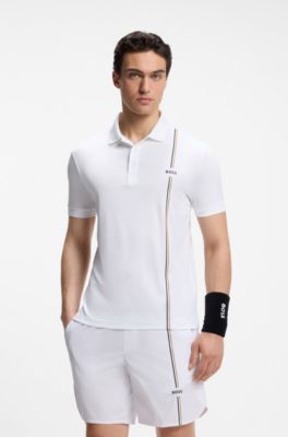 Active quick-dry polo shirt with signature stripe, Natural
