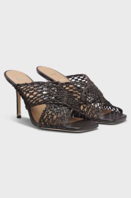 Leather sandals with woven uppers, Dark Brown