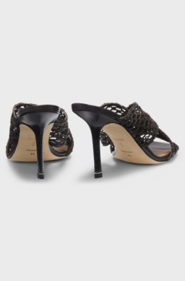 Leren sandalen met geweven bovenzijde, Donkerbruin