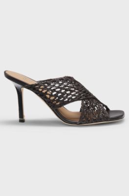 Leather sandals with woven uppers, Dark Brown