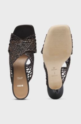 Leather sandals with woven uppers, Dark Brown