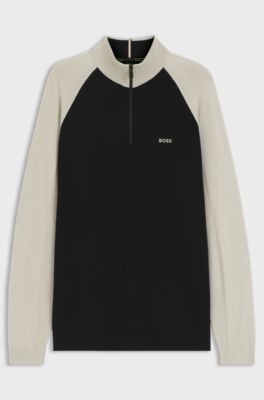 Colour-blocked sweater with zip neck, Black / Beige