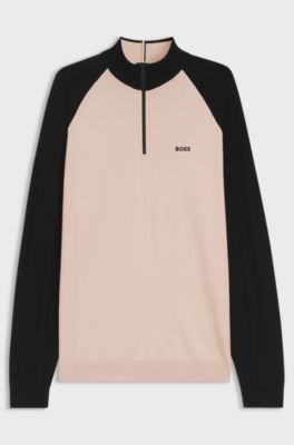 Colour-blocked sweater with zip neck, Light Orange