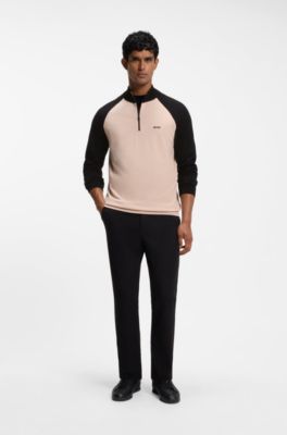 Colour-blocked sweater with zip neck, Light Orange