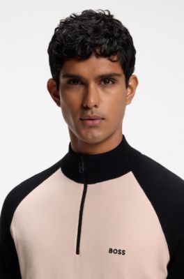 Colour-blocked sweater with zip neck, Light Orange