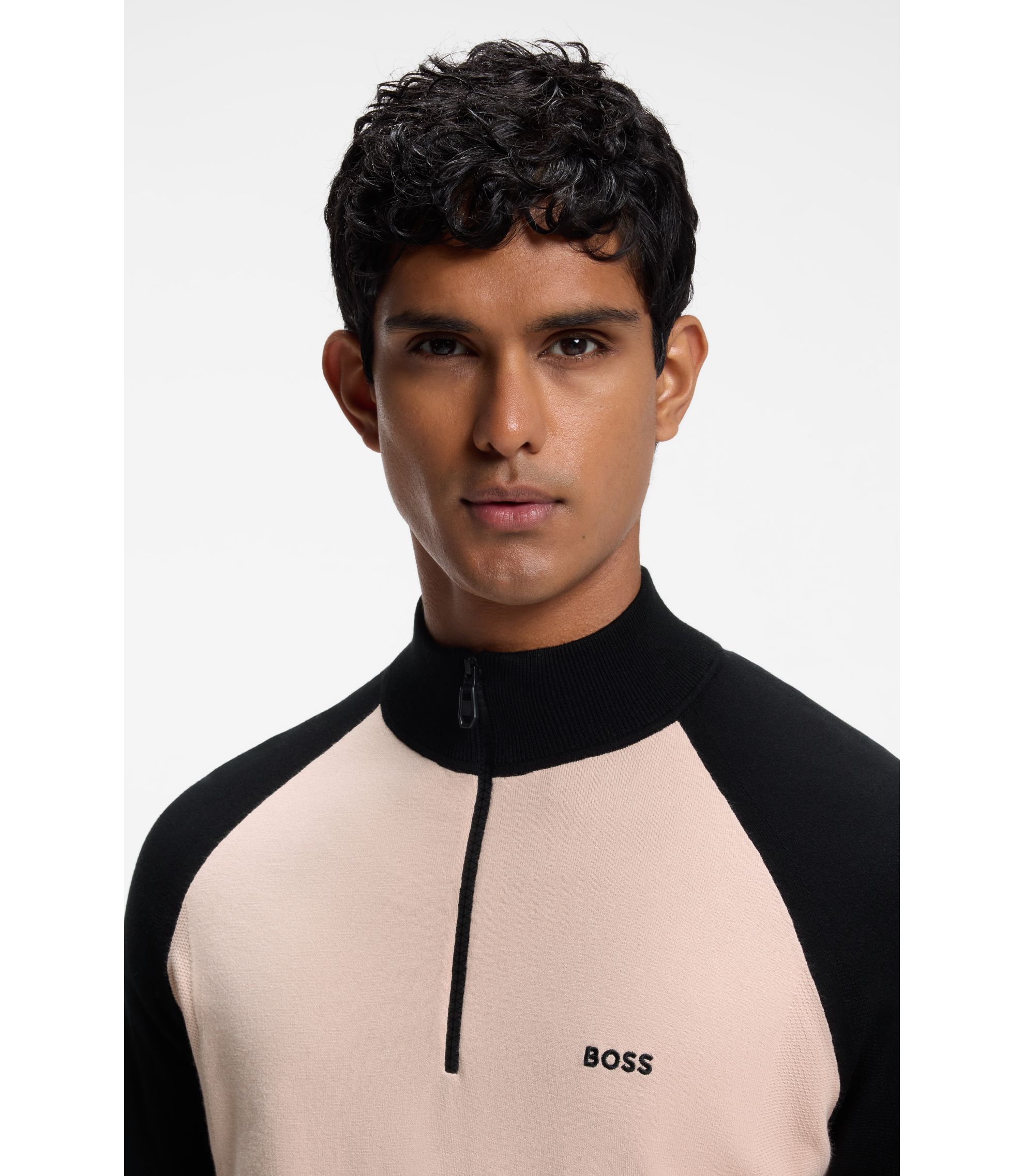 BOSS - Colour-blocked sweater with zip neck - Light Orange