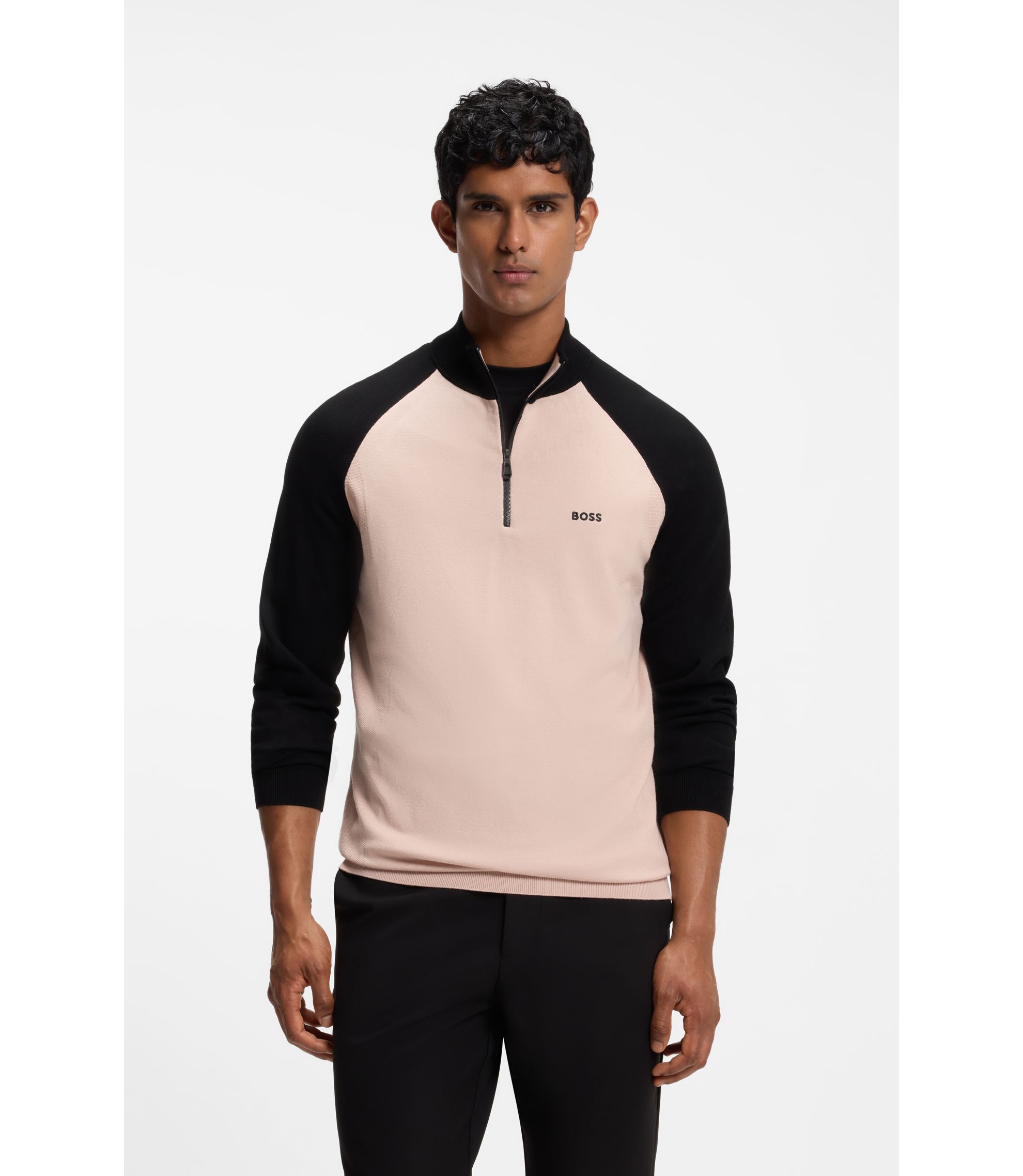 BOSS - Colour-blocked sweater with zip neck - Light Orange