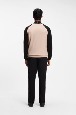 Colour-blocked sweater with zip neck, Light Orange