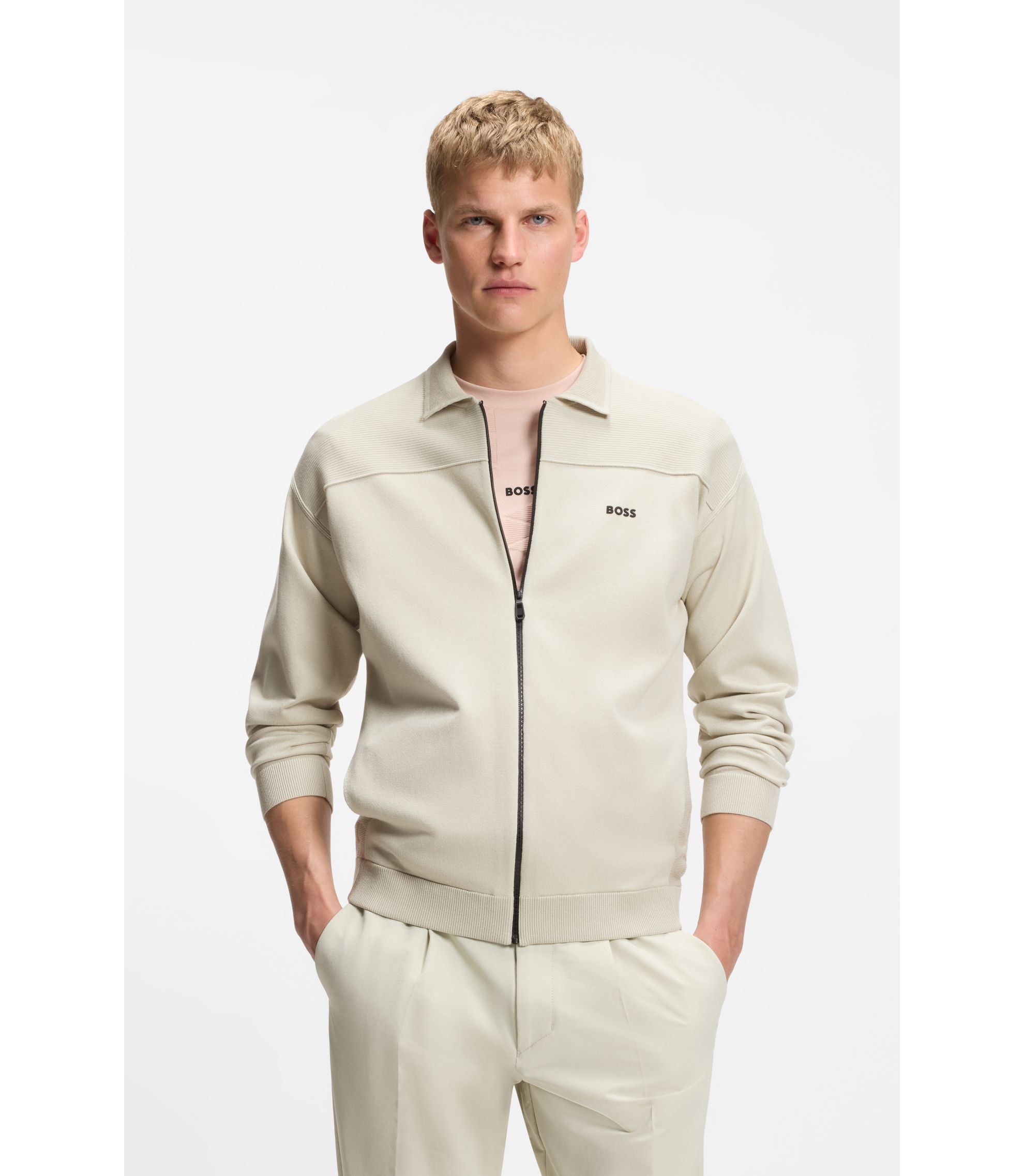 BOSS - Zip-up cardigan with structured graphic pattern - Natural