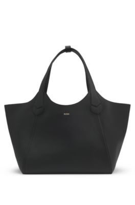 Leather tote bag with metallic logo lettering, Black